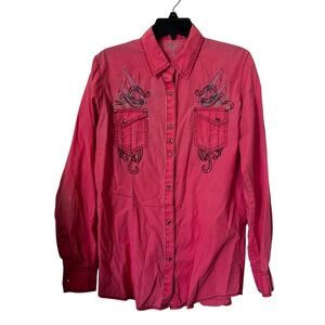 Rock 47 by Wrangler Womens Shirt Large Western Style Pink Embroidered Snap Front